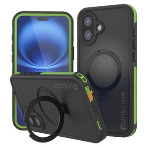 Funda impermeable para iPhone 16 [Serie Kickstud 2.0] Cubierta protectora IP68 con protector de pantalla y soporte [Verde]