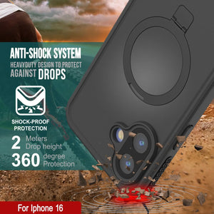 Funda impermeable para iPhone 16 [Serie Kickstud 2.0] Cubierta protectora IP68 con protector de pantalla y soporte [Negro]