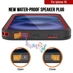 Funda impermeable para iPhone 16 [Serie Kickstud 2.0] Cubierta protectora IP68 con protector de pantalla y soporte [Rojo]