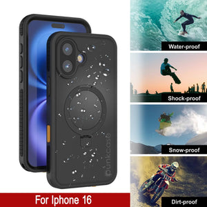 Funda impermeable para iPhone 16 [Serie Kickstud 2.0] Cubierta protectora IP68 con protector de pantalla y soporte [Negro]