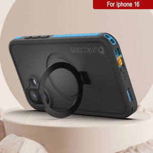 Funda impermeable para iPhone 16 [Serie Kickstud 2.0] Cubierta protectora IP68 con protector de pantalla y soporte [Azul]