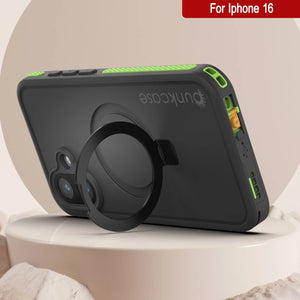 Funda impermeable para iPhone 16 [Serie Kickstud 2.0] Cubierta protectora IP68 con protector de pantalla y soporte [Verde]