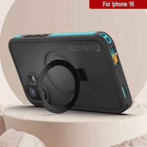 Funda impermeable para iPhone 16 [Serie Kickstud 2.0] Cubierta protectora IP68 con protector de pantalla y soporte [Verde azulado]