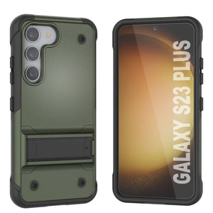 Cubierta protectora de grado militar Punkcase Galaxy S23+ Plus [Serie Reliance] Protector híbrido con soporte plegable incorporado [Verde Ejército-Negro]