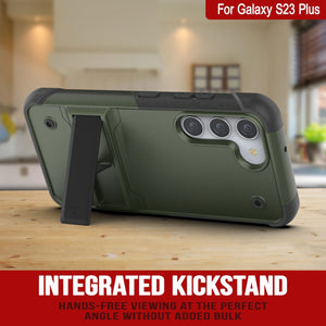 Cubierta protectora de grado militar Punkcase Galaxy S23+ Plus [Serie Reliance] Protector híbrido con soporte plegable incorporado [Verde Ejército-Negro]