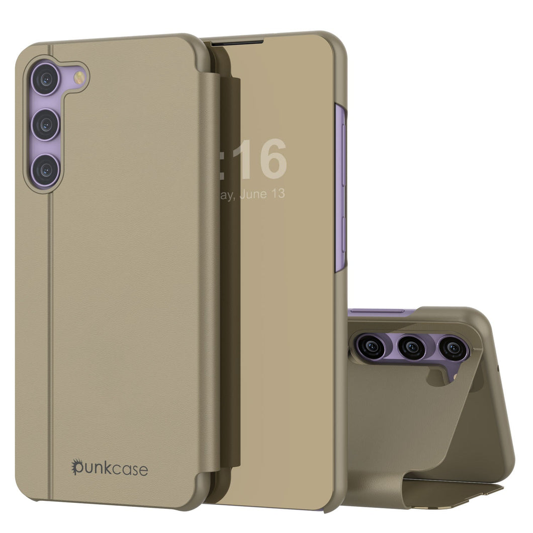 Funda protectora Punkcase Galaxy S23 Reflector Case con cubierta abatible [Dorado].