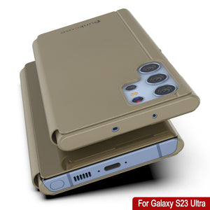 Punkcase Galaxy S23 Ultra Reflector Funda protectora con tapa [Oro]
 Carcasa reflectante Punkcase Galaxy S23 Ultra Flip Cover protectora [Dorado]