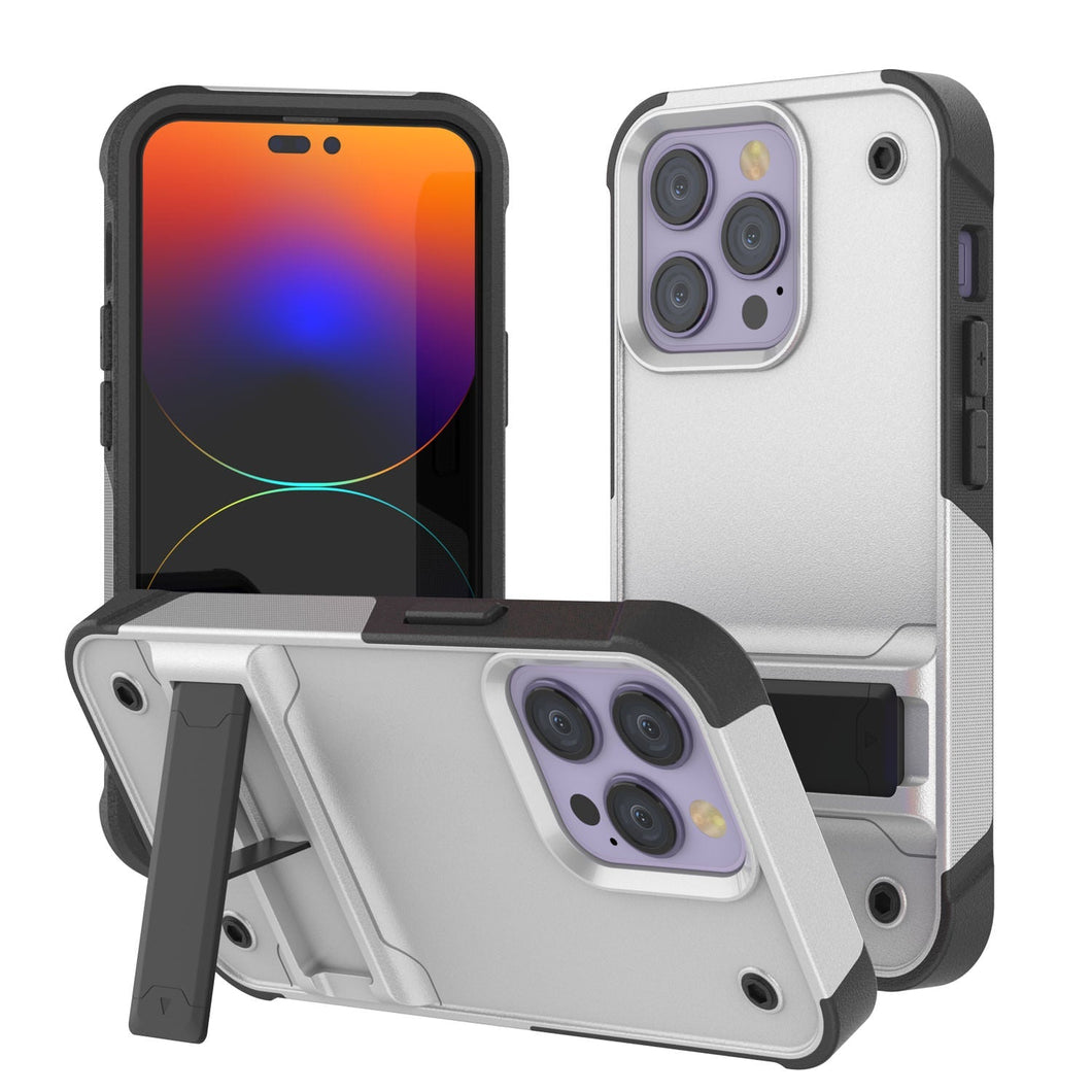 Funda Punkcase iPhone 14 Pro [Serie Reliance] Funda Protectora Híbrida de Grado Militar con Soporte Incorporado [Blanco-Negro]