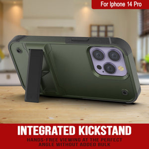 Funda Punkcase iPhone 14 Pro [Serie Reliance] Cubierta híbrida protectora de grado militar con soporte incorporado [Verde ejército-negro]