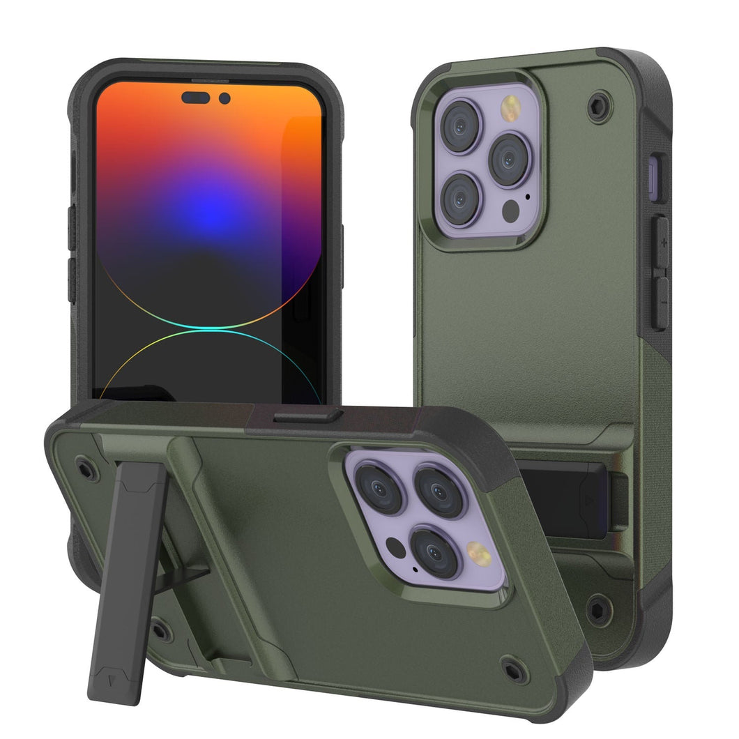 Funda Punkcase iPhone 14 Pro [Serie Reliance] Cubierta híbrida protectora de grado militar con soporte incorporado [Verde ejército-negro]