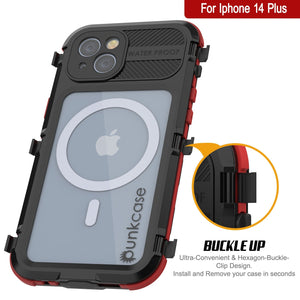 Funda impermeable de aluminio serie iPhone 14 Plus Metal Extreme 2.0 con protector de pantalla integrado IP68 [Negro-Rojo]