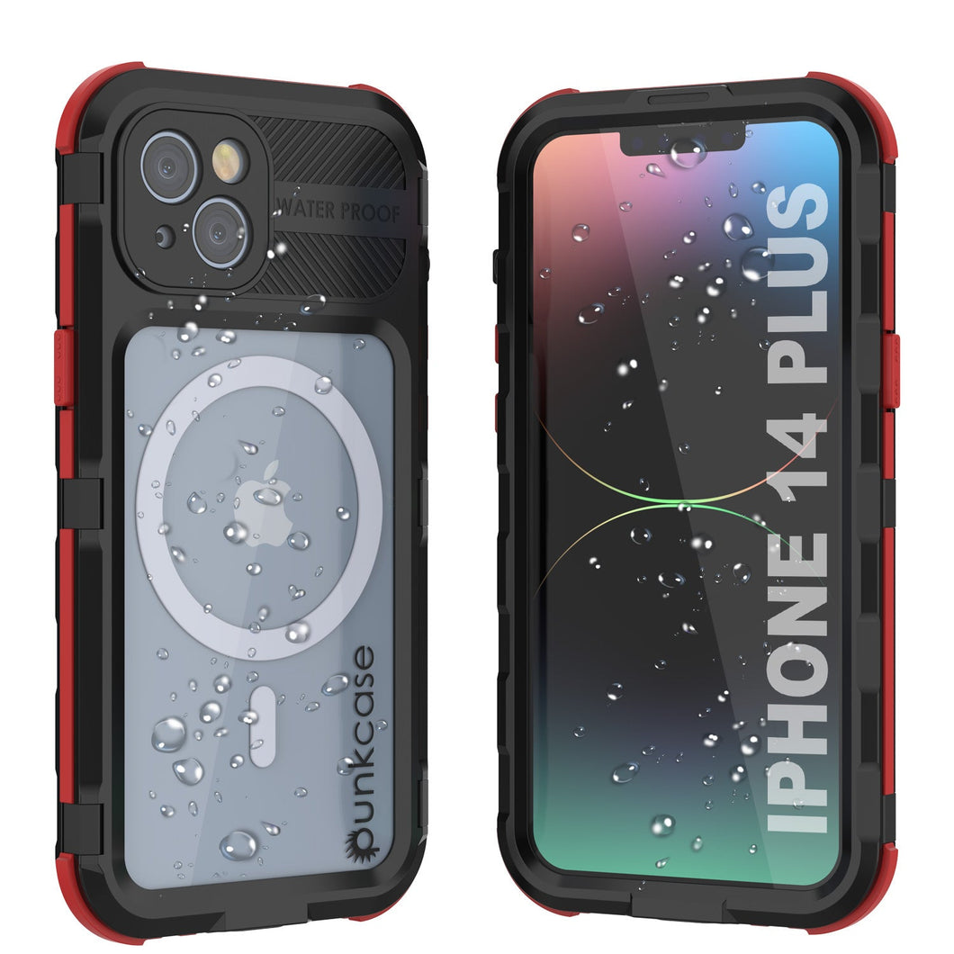 Funda impermeable de aluminio serie iPhone 14 Plus Metal Extreme 2.0 con protector de pantalla integrado IP68 [Negro-Rojo]