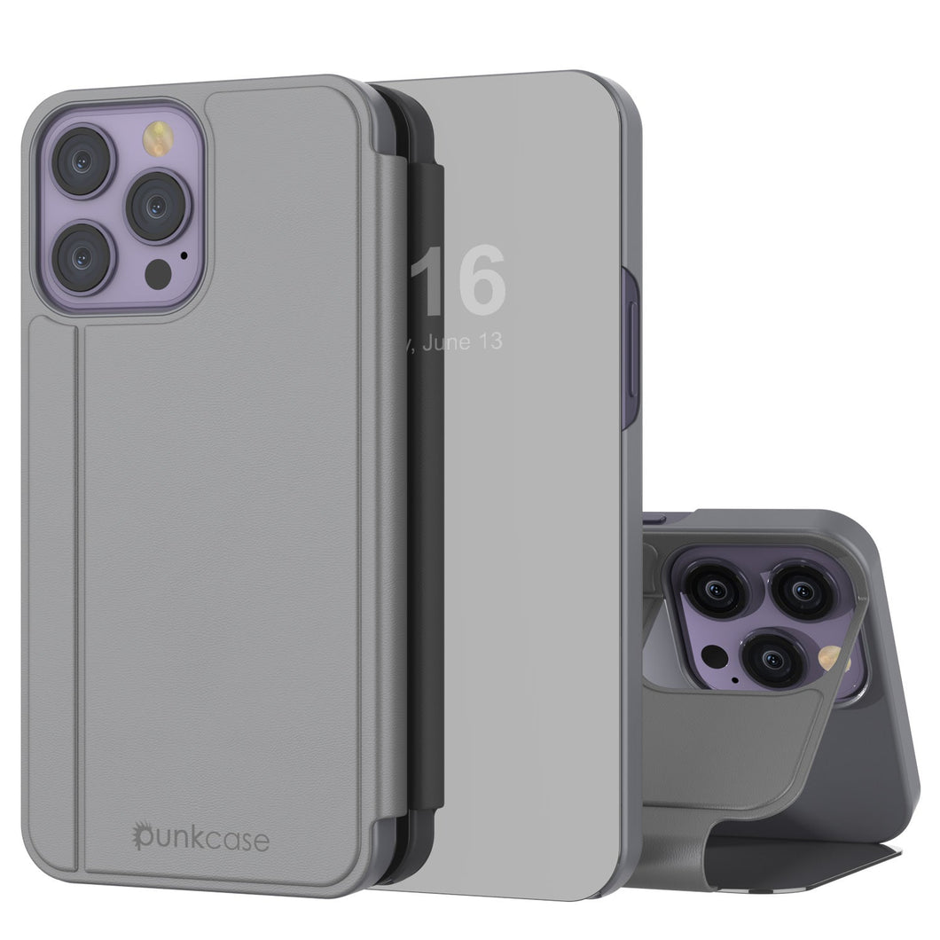 Funda reflectora Punkcase para iPhone 14 Pro Max, funda protectora con tapa [Plateado]