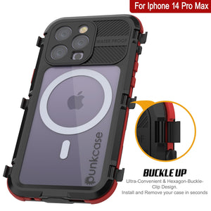 iPhone 14 Pro Max Metal Extreme 2.0 Series Funda impermeable de aluminio IP68 con protector de pantalla incorporado [Negro-Rojo]