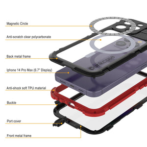 iPhone 14 Pro Max Metal Extreme 2.0 Series Funda impermeable de aluminio IP68 con protector de pantalla incorporado [Negro-Rojo]