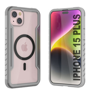 Funda defensiva militar de capas múltiples Armor Stealth MAG de Punkcase para iPhone 15 Plus, protectora y resistente [Gris].