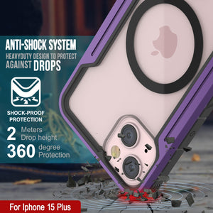 Punkcase iPhone 15 Plus Armor Stealth MAG Defense Case Protective es una cubierta militar de grado multicapa en color púrpura que protege tu teléfono.