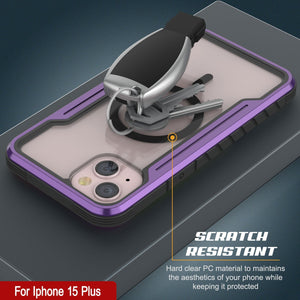 Punkcase iPhone 15 Plus Armor Stealth MAG Defense Case Protective es una cubierta militar de grado multicapa en color púrpura que protege tu teléfono.