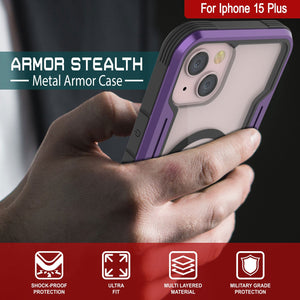 Punkcase iPhone 15 Plus Armor Stealth MAG Defense Case Protective es una cubierta militar de grado multicapa en color púrpura que protege tu teléfono.