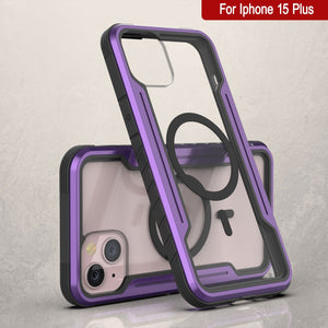 Punkcase iPhone 15 Plus Armor Stealth MAG Defense Case Protective es una cubierta militar de grado multicapa en color púrpura que protege tu teléfono.