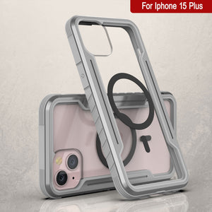 Funda defensiva militar de capas múltiples Armor Stealth MAG de Punkcase para iPhone 15 Plus, protectora y resistente [Gris].