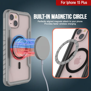 Funda defensiva militar de capas múltiples Armor Stealth MAG de Punkcase para iPhone 15 Plus, protectora y resistente [Gris].