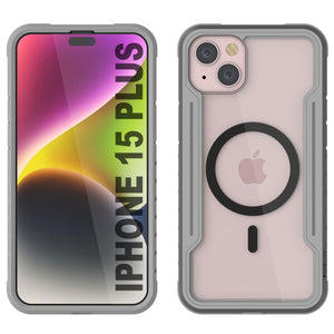 Funda defensiva militar de capas múltiples Armor Stealth MAG de Punkcase para iPhone 15 Plus, protectora y resistente [Gris].