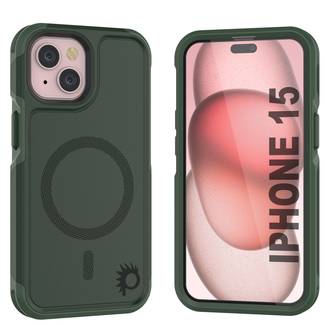 Funda PunkCase para iPhone 15, Serie Spartan 2.0, cubierta resistente clara de servicio pesado con protector de pantalla incorporado [verde oscuro]