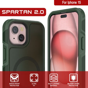 Funda PunkCase para iPhone 15, Serie Spartan 2.0, cubierta resistente clara de servicio pesado con protector de pantalla incorporado [verde oscuro]