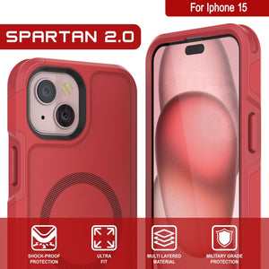 Funda PunkCase para iPhone 15, [Serie Spartan 2.0] Cubierta resistente clara y robusta con protector de pantalla incorporado [rojo].