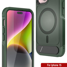 Load image into Gallery viewer, Funda PunkCase para iPhone 15, [Serie Spartan X] Carcasa resistente y duradera con soporte y anillo magnético [verde oscuro]
