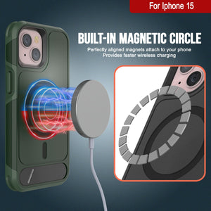 Funda PunkCase para iPhone 15, [Serie Spartan X] Carcasa resistente y duradera con soporte y anillo magnético [verde oscuro]