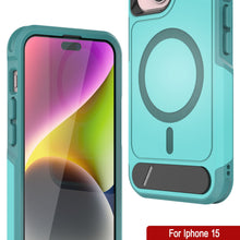 Load image into Gallery viewer, PunkCase Funda para iPhone 15, [Serie Spartan X] Funda resistente y resistente con soporte y anillo magnético [Azul]
