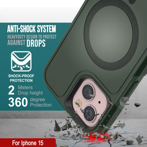 Funda PunkCase para iPhone 15, [Serie Spartan X] Carcasa resistente y duradera con soporte y anillo magnético [verde oscuro]