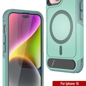 Funda PunkCase para iPhone 15, [Serie Spartan X] Funda resistente y resistente con soporte y anillo magnético [verde azulado]