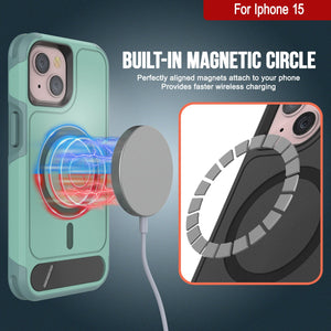 Funda PunkCase para iPhone 15, [Serie Spartan X] Funda resistente y resistente con soporte y anillo magnético [verde azulado]