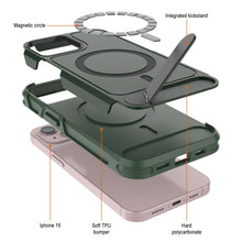 Load image into Gallery viewer, Funda PunkCase para iPhone 15, [Serie Spartan X] Carcasa resistente y duradera con soporte y anillo magnético [verde oscuro]
