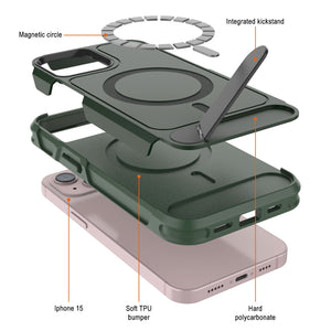Funda PunkCase para iPhone 15, [Serie Spartan X] Carcasa resistente y duradera con soporte y anillo magnético [verde oscuro]
