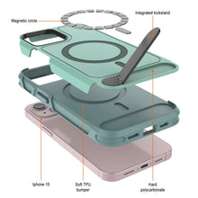 Load image into Gallery viewer, Funda PunkCase para iPhone 15, [Serie Spartan X] Funda resistente y resistente con soporte y anillo magnético [verde azulado]
