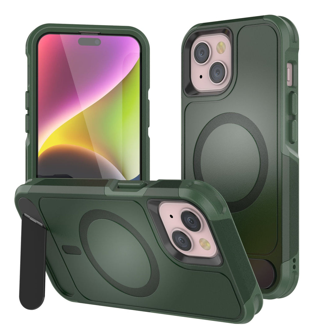 Funda PunkCase para iPhone 15, [Serie Spartan X] Carcasa resistente y duradera con soporte y anillo magnético [verde oscuro]
