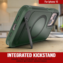 Load image into Gallery viewer, Funda PunkCase para iPhone 15, [Serie Spartan X] Carcasa resistente y duradera con soporte y anillo magnético [verde oscuro]
