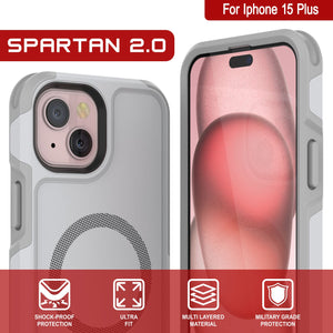Funda PunkCase para iPhone 15 Plus, Serie Spartan 2.0, resistente y robusta, con cubierta transparente y protector de pantalla incorporado [blanca].