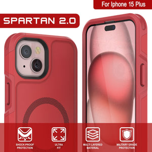 Carcasa PunkCase iPhone 15 Plus, [Serie Spartan 2.0] Cubierta Resistente y Robusta Transparente con Protector de Pantalla Incorporado [rojo]