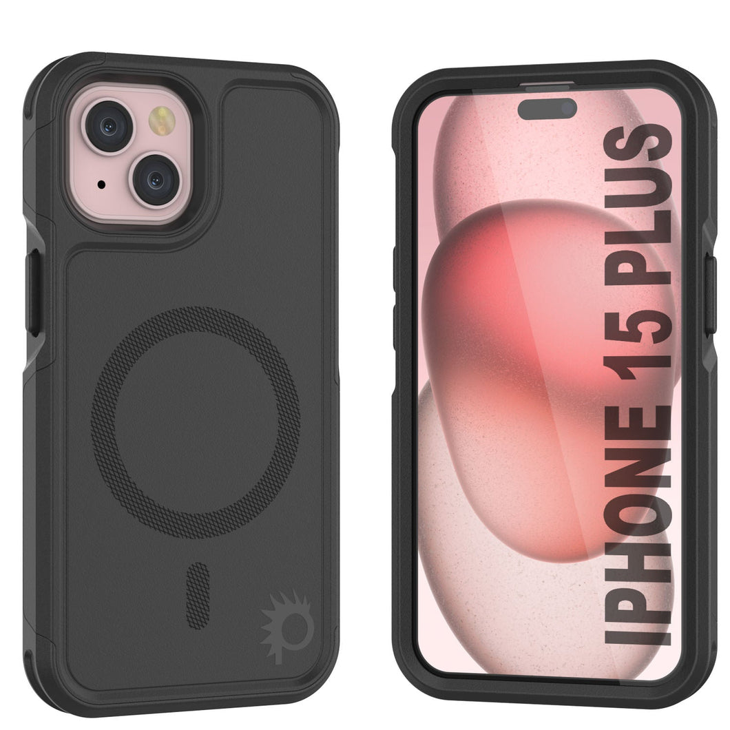 Funda PunkCase para iPhone 15 Plus, [Serie Spartan 2.0] Cubierta transparente resistente y resistente con protector de pantalla incorporado [Negro]