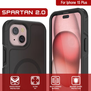 Funda PunkCase para iPhone 15 Plus, [Serie Spartan 2.0] Cubierta transparente resistente y resistente con protector de pantalla incorporado [Negro]