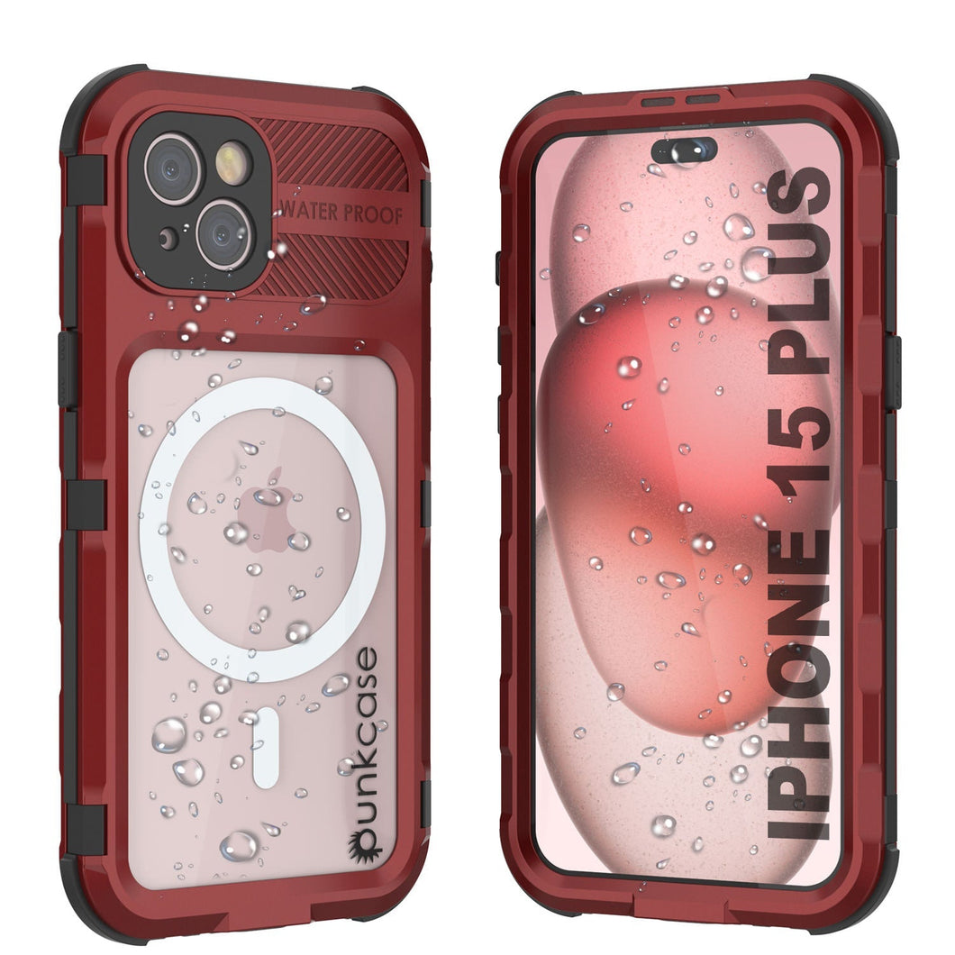 iPhone 15 Plus Metal Extreme 2.0 Series es una carcasa de aluminio resistente al agua IP68 con protector de pantalla incorporado [Rojo-Negro].