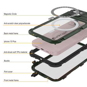 iPhone 15 Plus Metal Extreme 2.0 Series Aluminum Waterproof Case IP68 W/Built in Screen Protector [Dark-Green] 

iPhone 15 Plus Metal Extreme 2.0 Series Aluminum Waterproof Case IP68 con Protector de Pantalla Incorporado [Verde Oscuro]