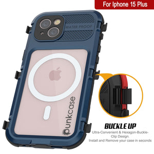 Funda a prueba de agua de aluminio serie iPhone 15 Plus Metal Extreme 2.0 IP68 con protector de pantalla incorporado [Azul]