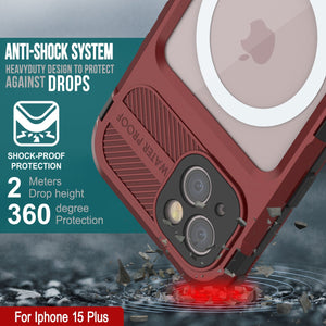 iPhone 15 Plus Metal Extreme 2.0 Series es una carcasa de aluminio resistente al agua IP68 con protector de pantalla incorporado [Rojo-Negro].