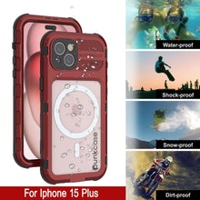 Load image into Gallery viewer, iPhone 15 Plus Metal Extreme 2.0 Series es una carcasa de aluminio resistente al agua IP68 con protector de pantalla incorporado [Rojo-Negro].
